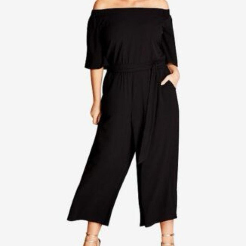 City Chic Black Off the Shoulder Jumpsuit with Pockets, Black M/18